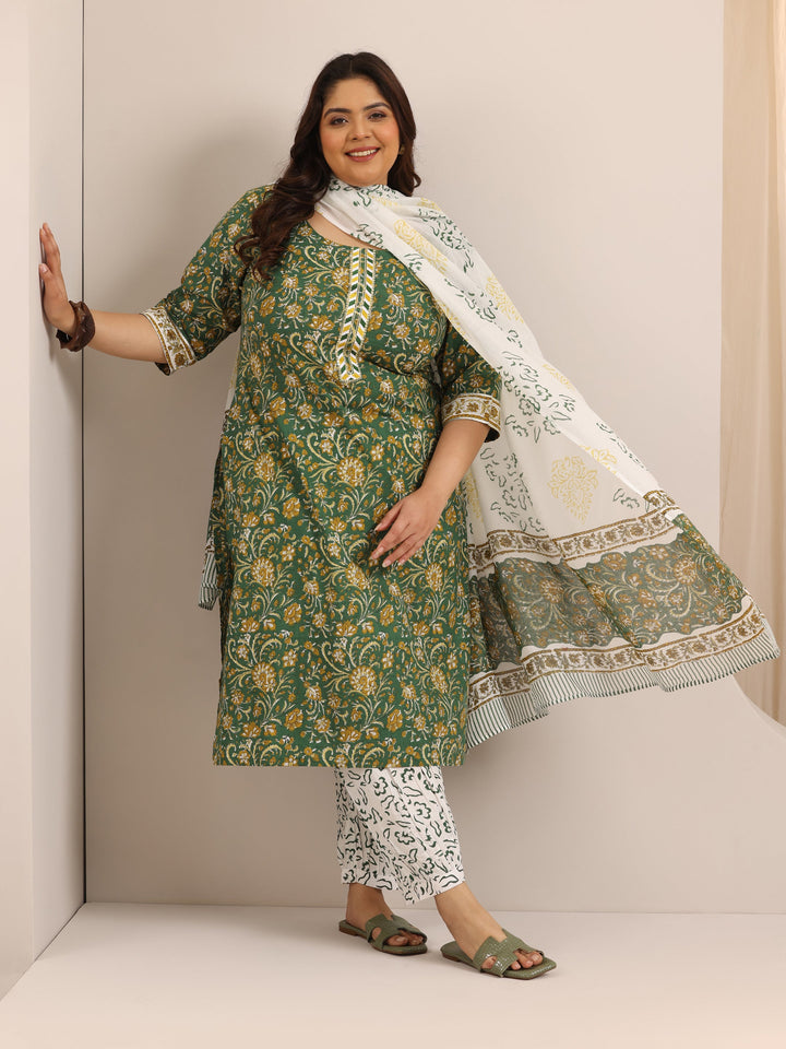 Plus Size Green Printed Cotton Straight Suit Set With Dupatta