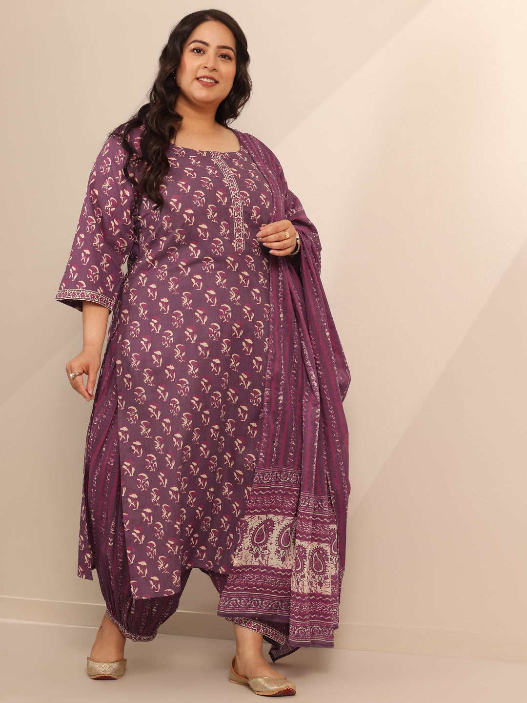 Plus Size Mauve Printed Cotton Straight Suit Set With Dupatta