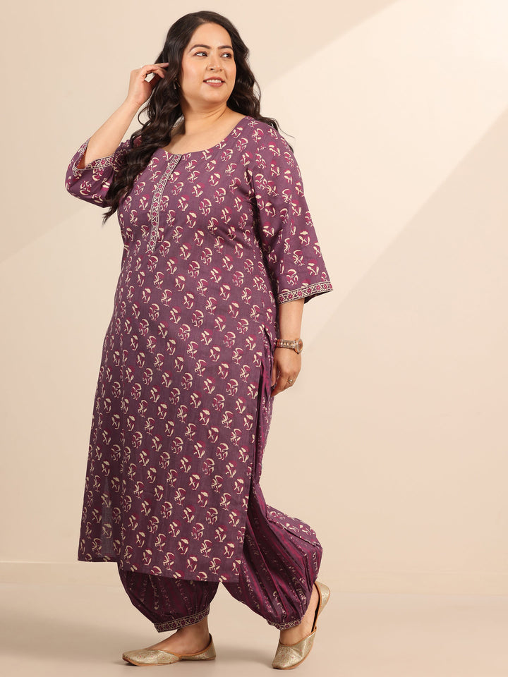 Plus Size Mauve Printed Cotton Straight Suit Set With Dupatta