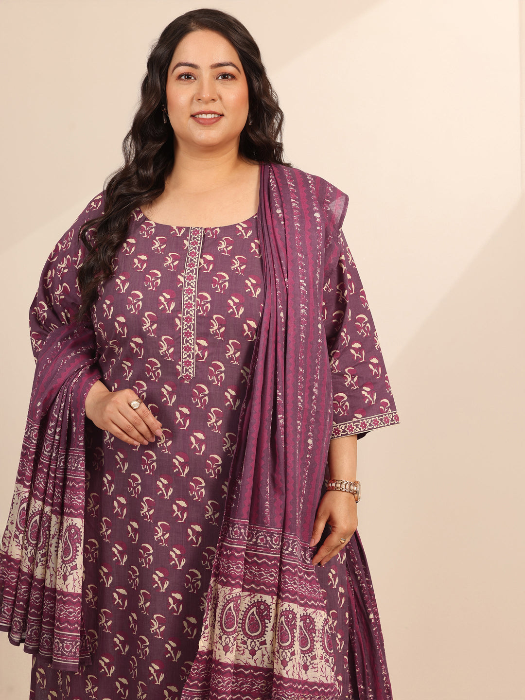 Plus Size Mauve Printed Cotton Straight Suit Set With Dupatta