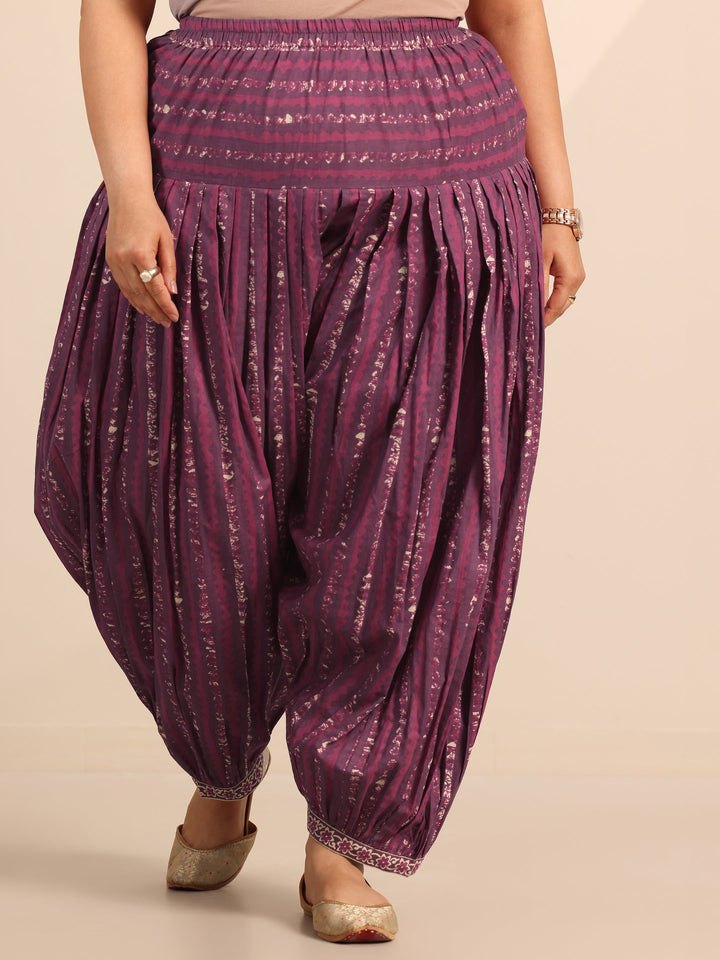 Plus Size Mauve Printed Cotton Straight Suit Set With Dupatta