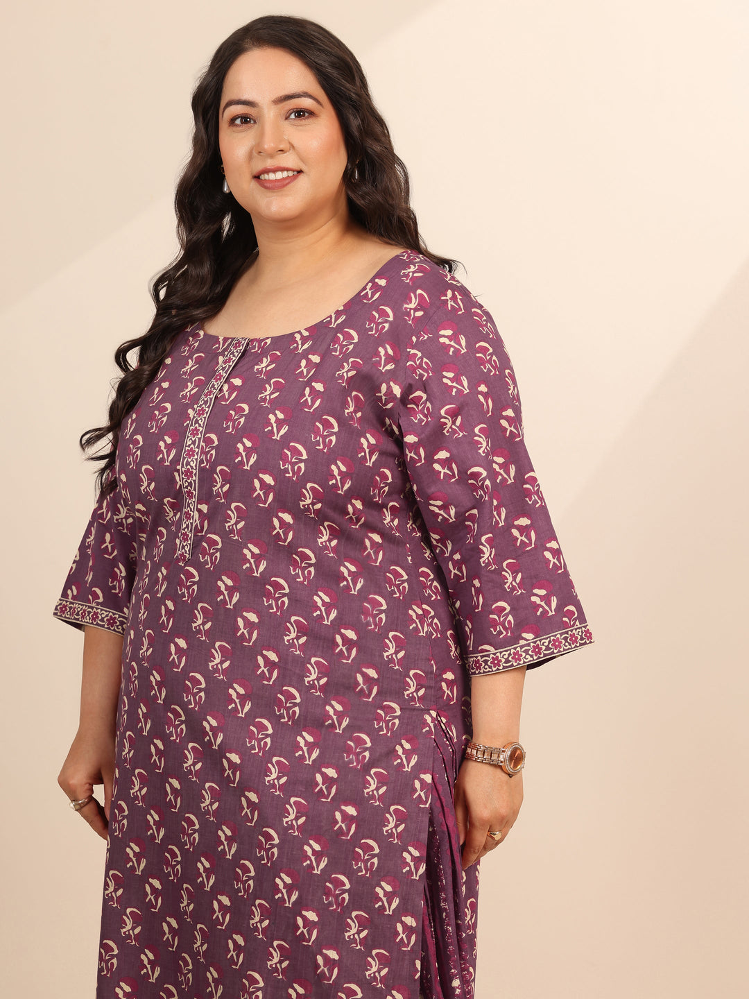Plus Size Mauve Printed Cotton Straight Suit Set With Dupatta