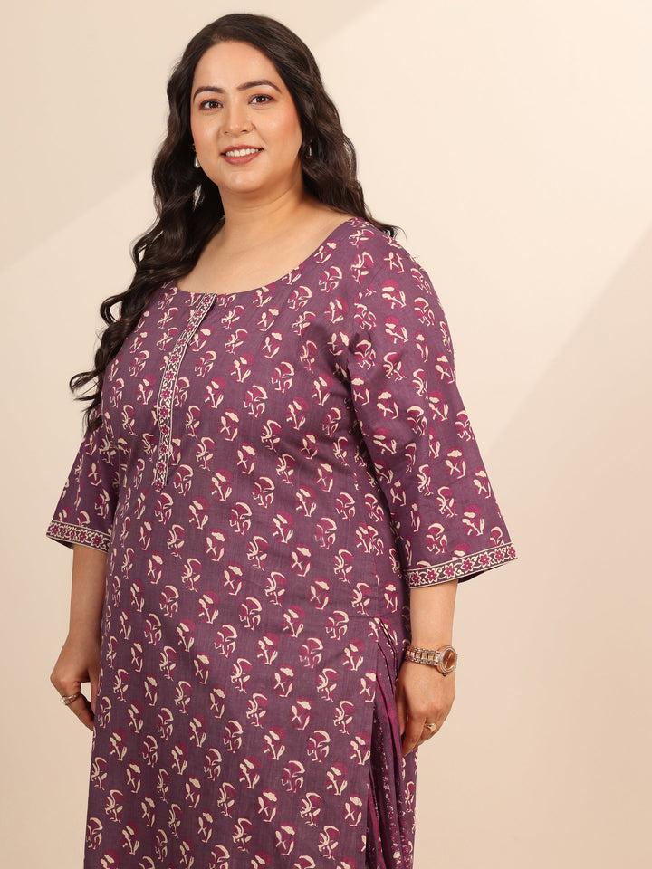 Plus Size Mauve Printed Cotton Straight Suit Set With Dupatta