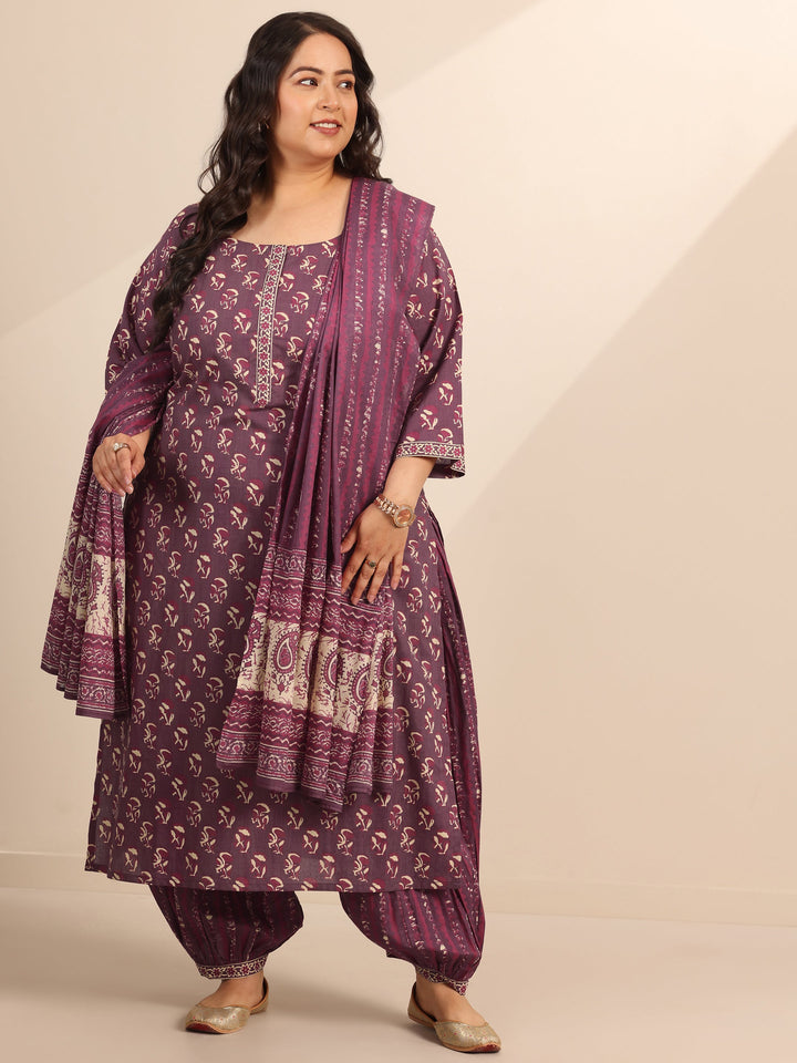 Plus Size Mauve Printed Cotton Straight Suit Set With Dupatta