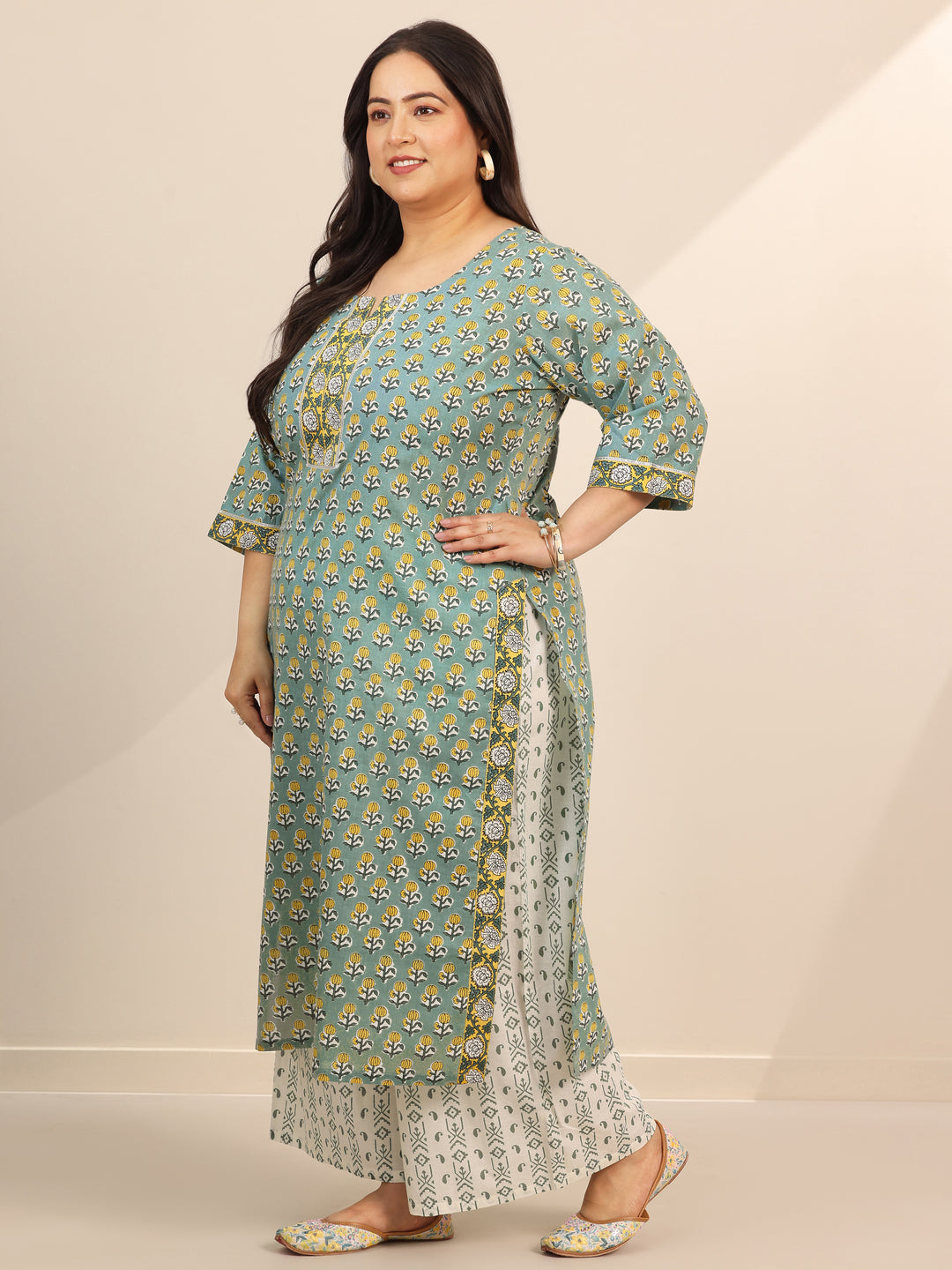 Plus Size Green Printed Cotton Straight Suit Set With Dupatta