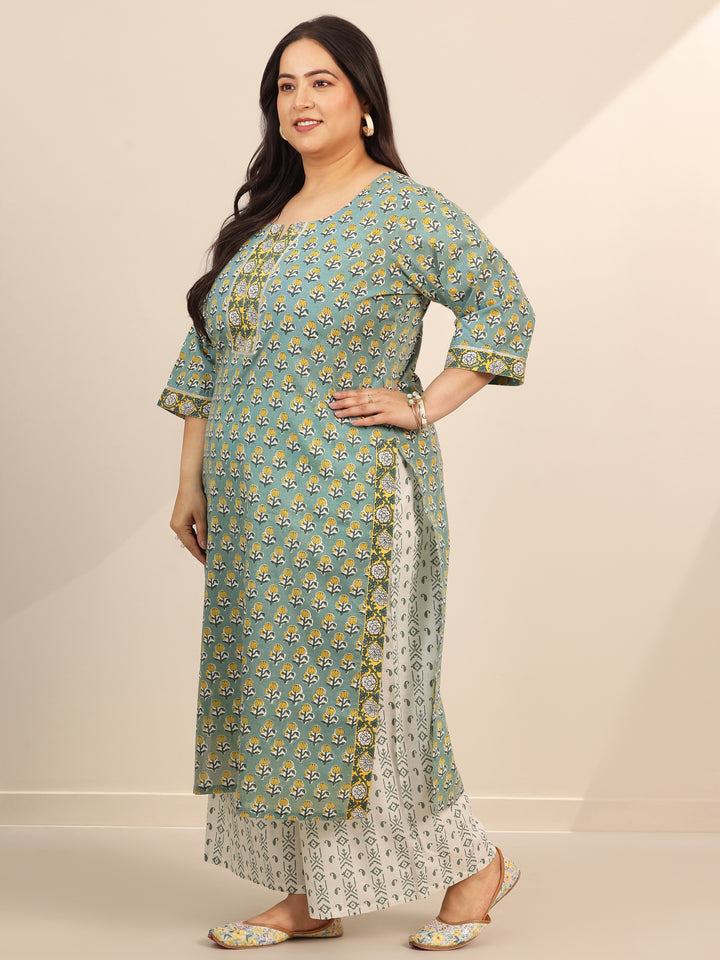 Plus Size Green Printed Cotton Straight Suit Set With Dupatta