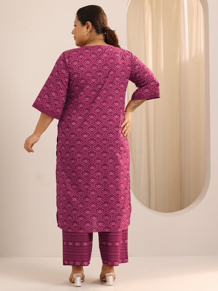 Plus Size Burgundy Printed Cotton Straight Kurta Set