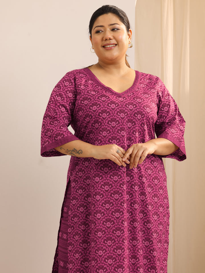 Plus Size Burgundy Printed Cotton Straight Kurta Set