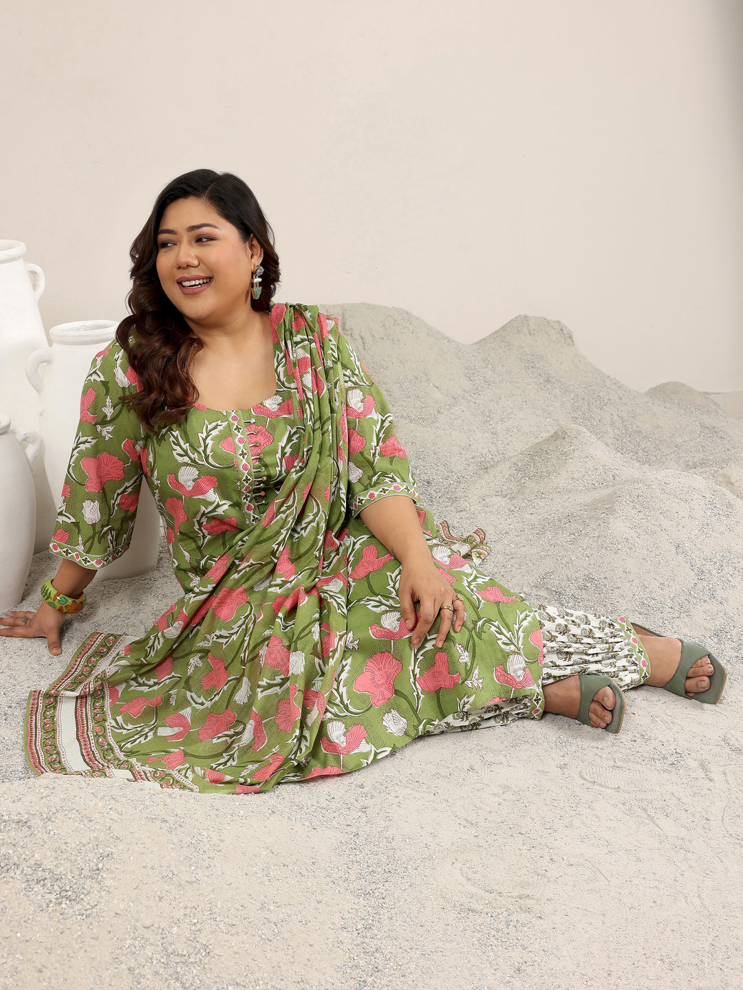 Plus Size Green Printed Cotton Straight Suit Set With Dupatta
