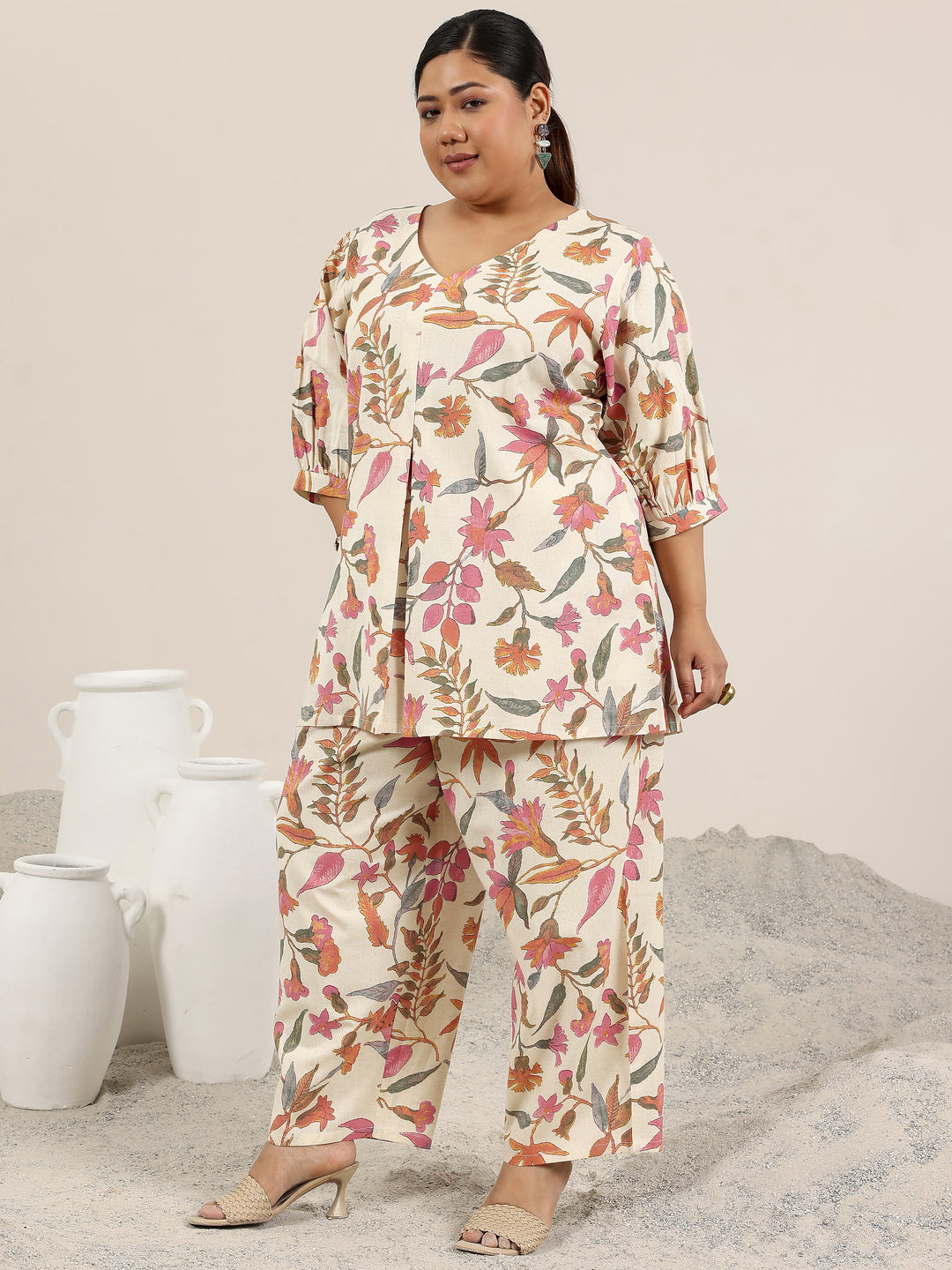 Plus Size Off White Printed Cotton Co-Ord Sets