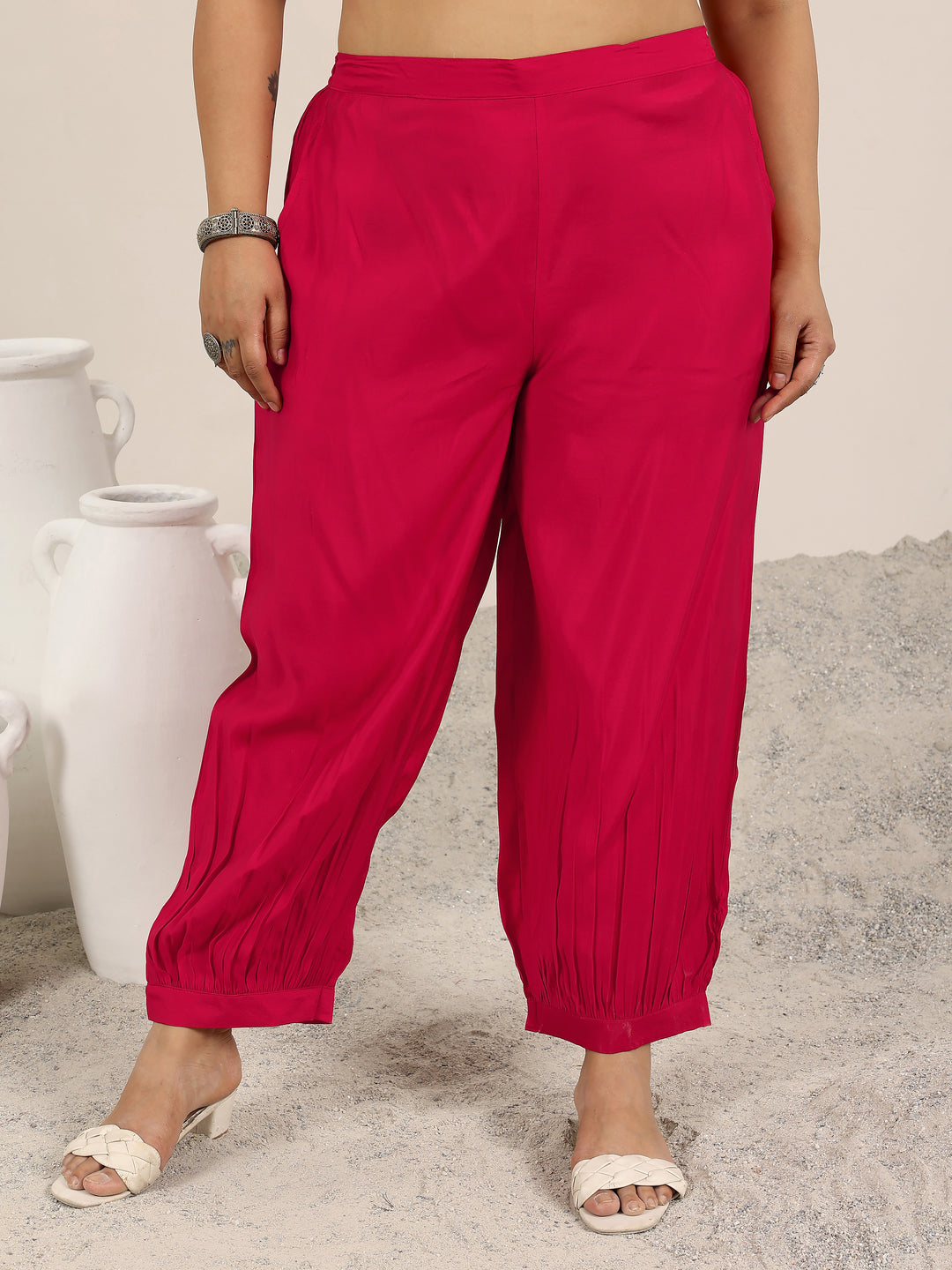 Buy Plus Size Red Printed Silk Blend Straight Suit Set With