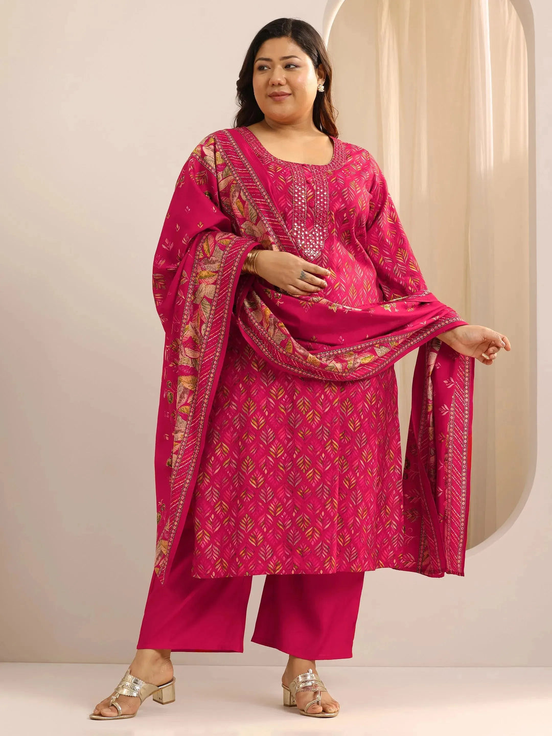 Plus Size Pink Printed Silk Blend Straight Suit Set With Dupatta