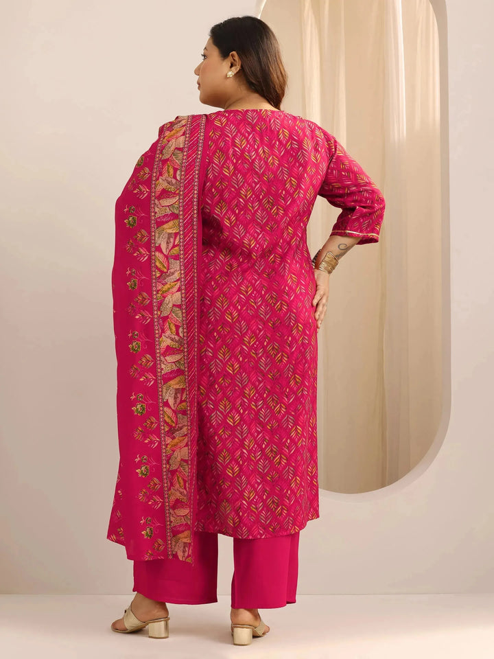 Plus Size Pink Printed Silk Blend Straight Suit Set With Dupatta