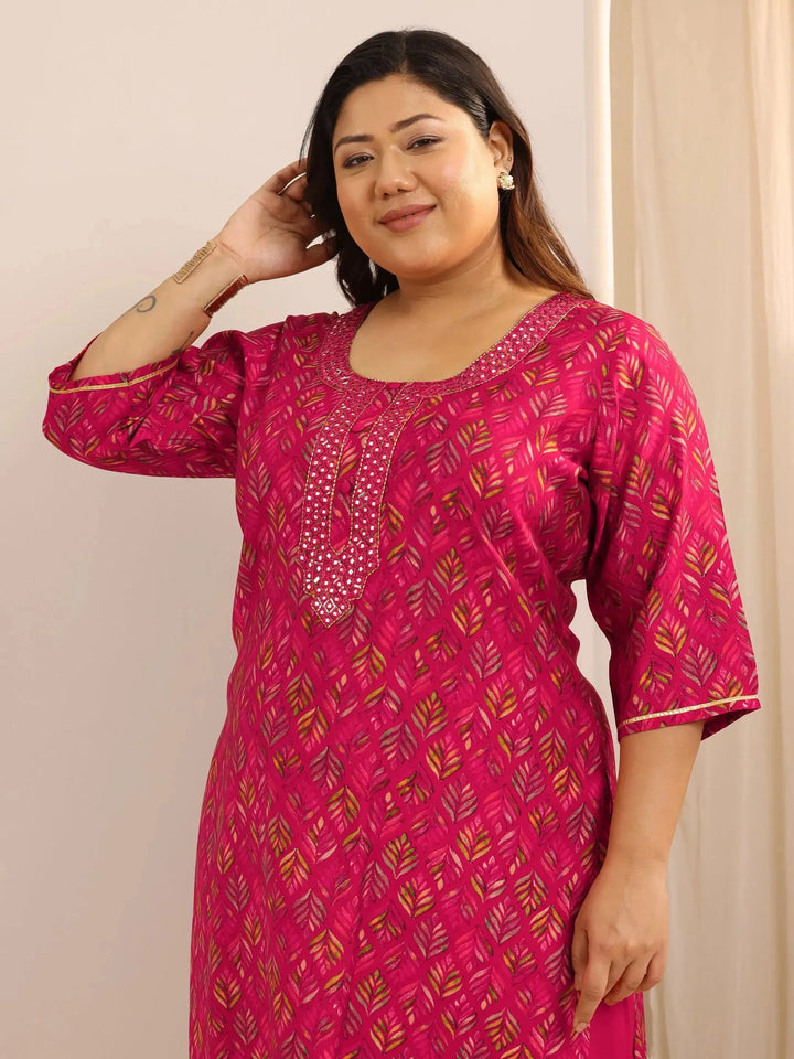 Plus Size Pink Printed Silk Blend Straight Suit Set With Dupatta
