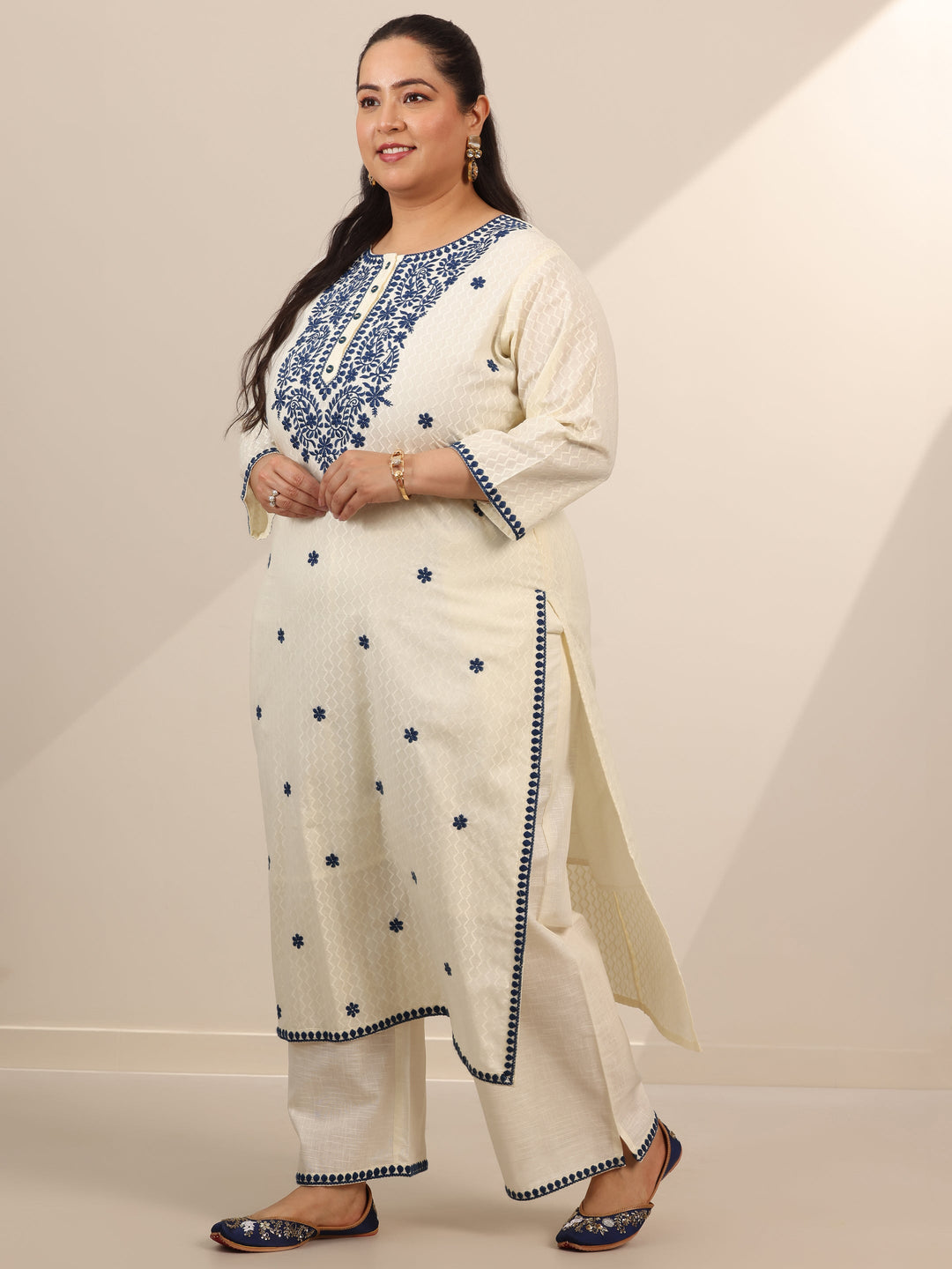 Plus Size Off White Embroidered Cotton Straight Suit Set With Dupatta