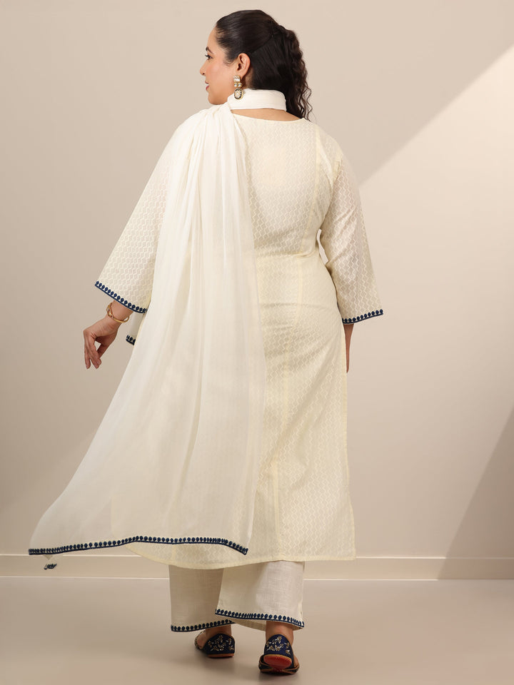 Plus Size Off White Embroidered Cotton Straight Suit Set With Dupatta