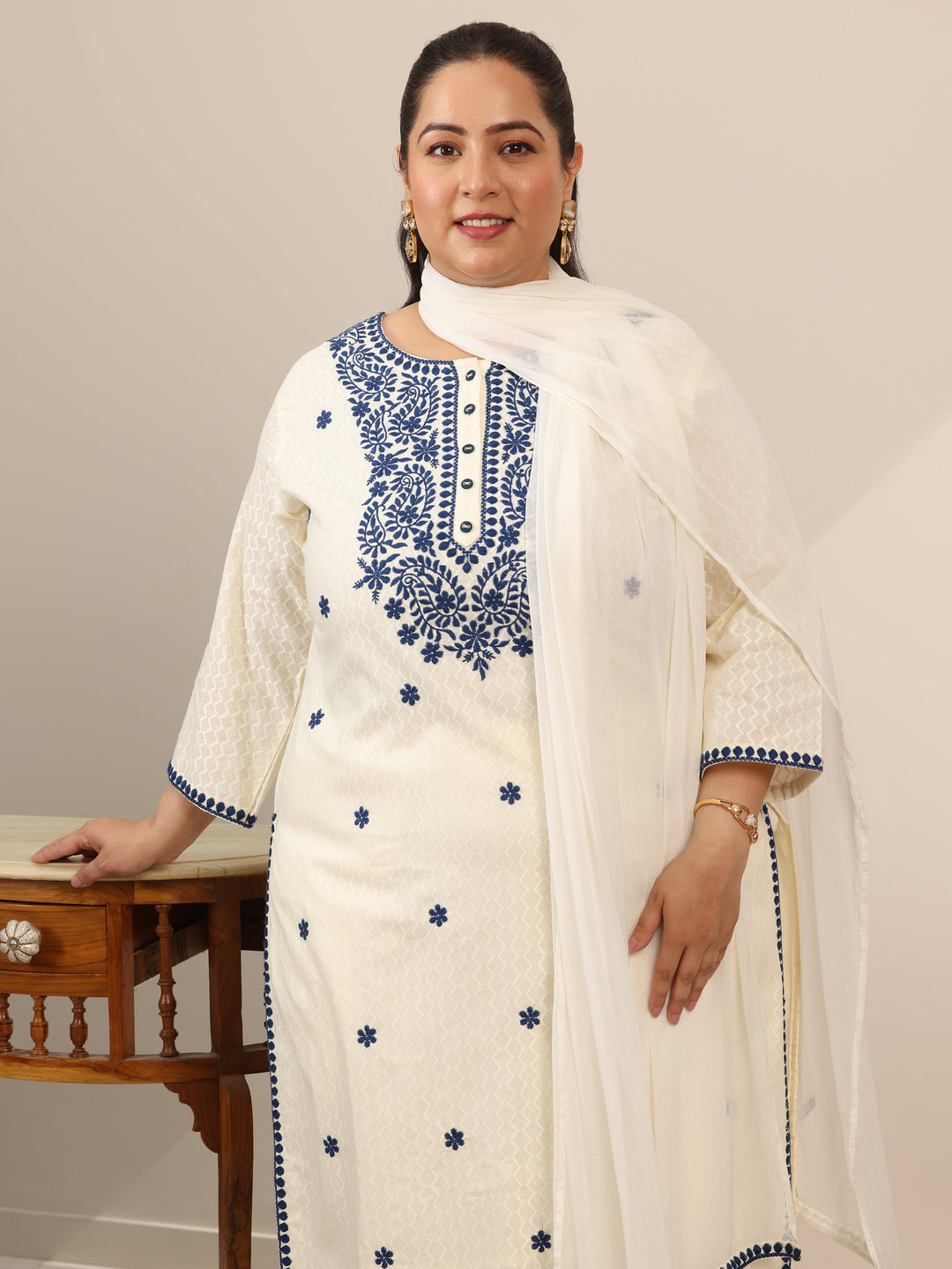 Plus Size Off White Embroidered Cotton Straight Suit Set With Dupatta