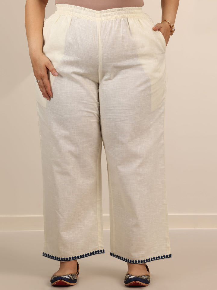 Plus Size Off White Embroidered Cotton Straight Suit Set With Dupatta