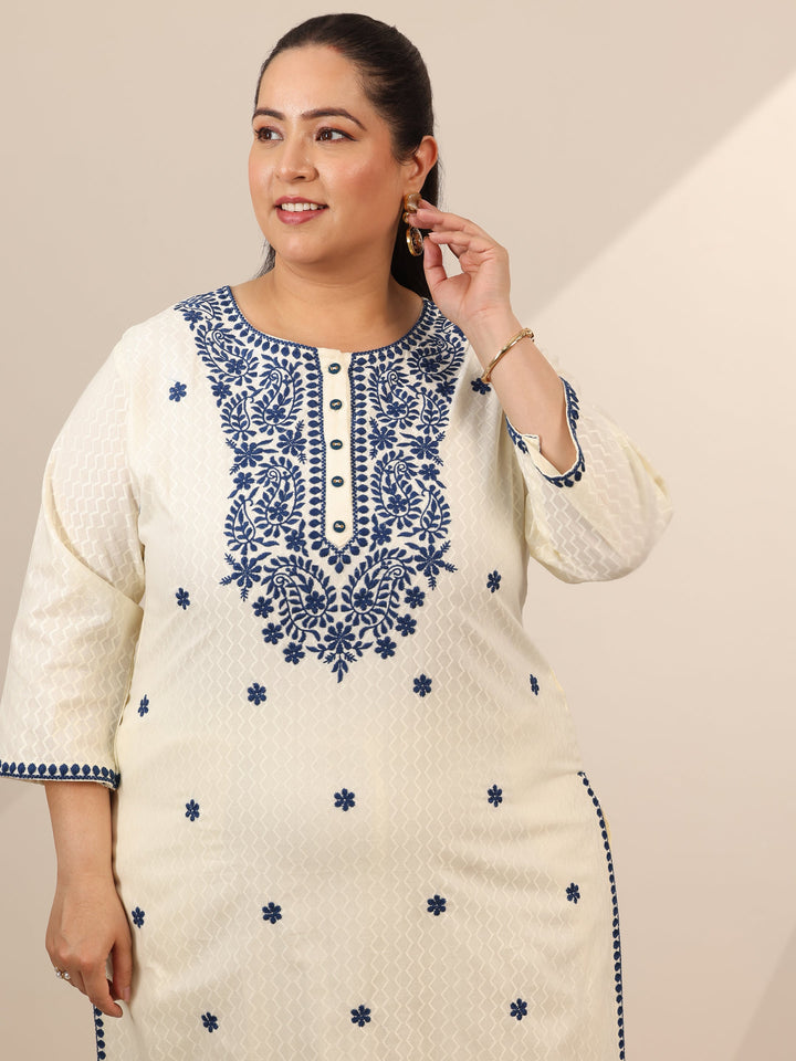 Plus Size Off White Embroidered Cotton Straight Suit Set With Dupatta