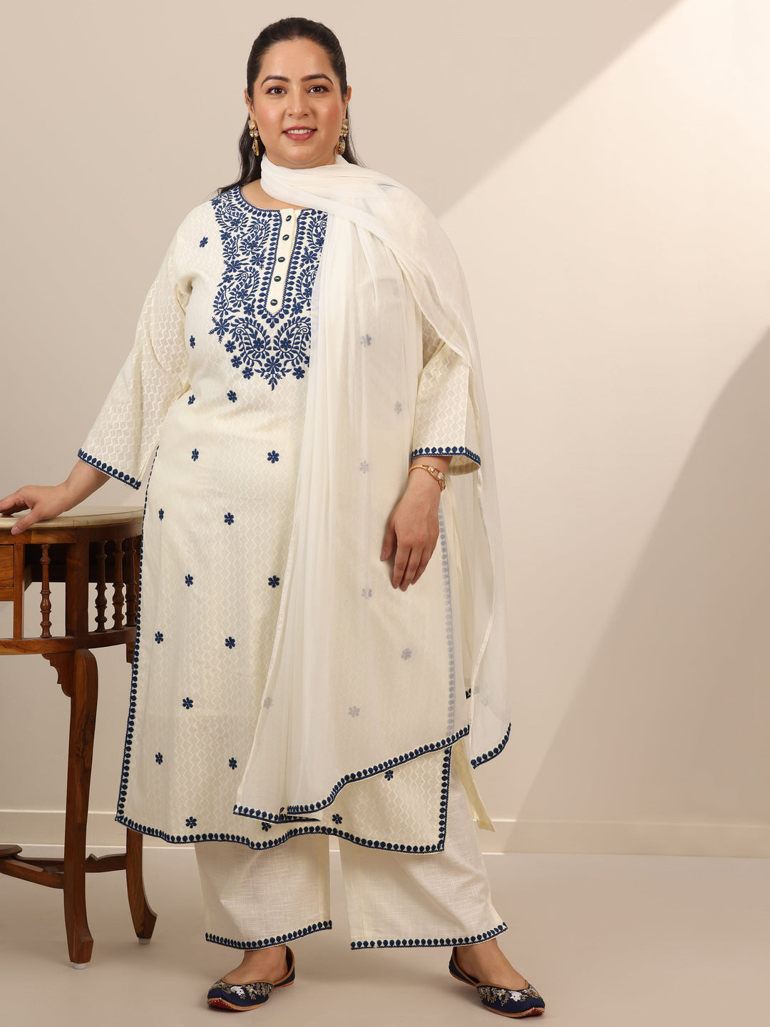 Plus Size Off White Embroidered Cotton Straight Suit Set With Dupatta