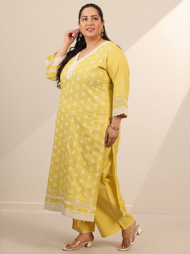Plus Size Yellow Embroidered Cotton Straight Suit Set With Dupatta