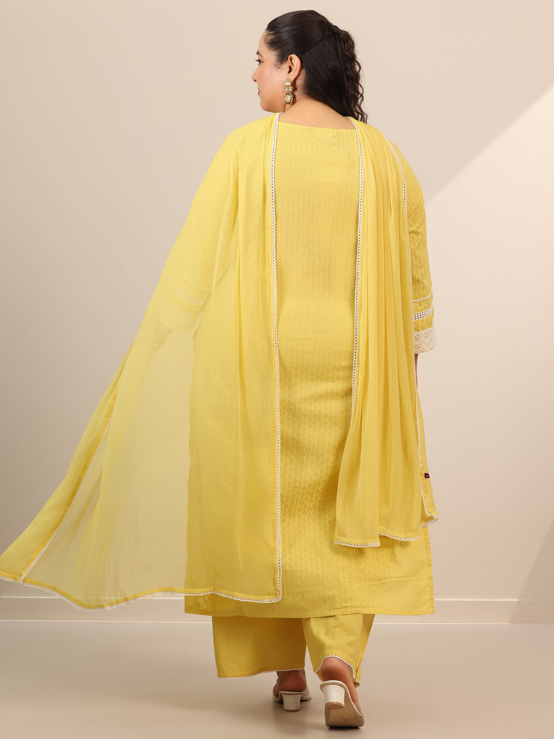 Plus Size Yellow Embroidered Cotton Straight Suit Set With Dupatta