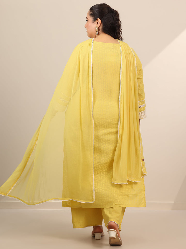 Plus Size Yellow Embroidered Cotton Straight Suit Set With Dupatta