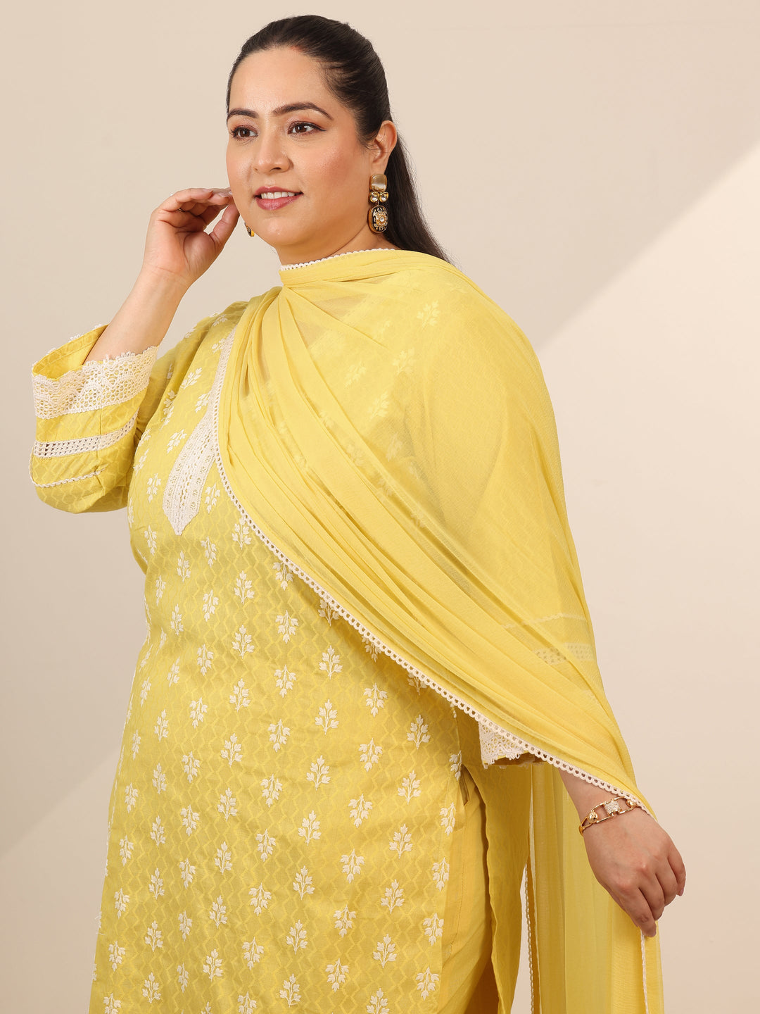 Plus Size Yellow Embroidered Cotton Straight Suit Set With Dupatta