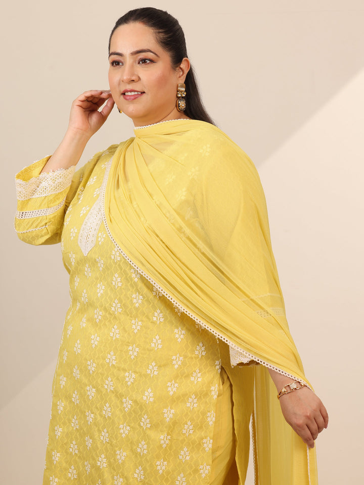 Plus Size Yellow Embroidered Cotton Straight Suit Set With Dupatta