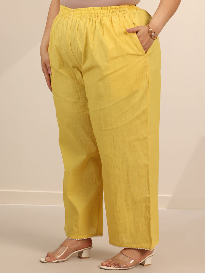 Plus Size Yellow Embroidered Cotton Straight Suit Set With Dupatta