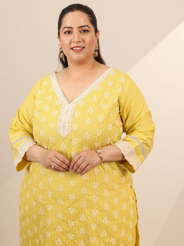Plus Size Yellow Embroidered Cotton Straight Suit Set With Dupatta