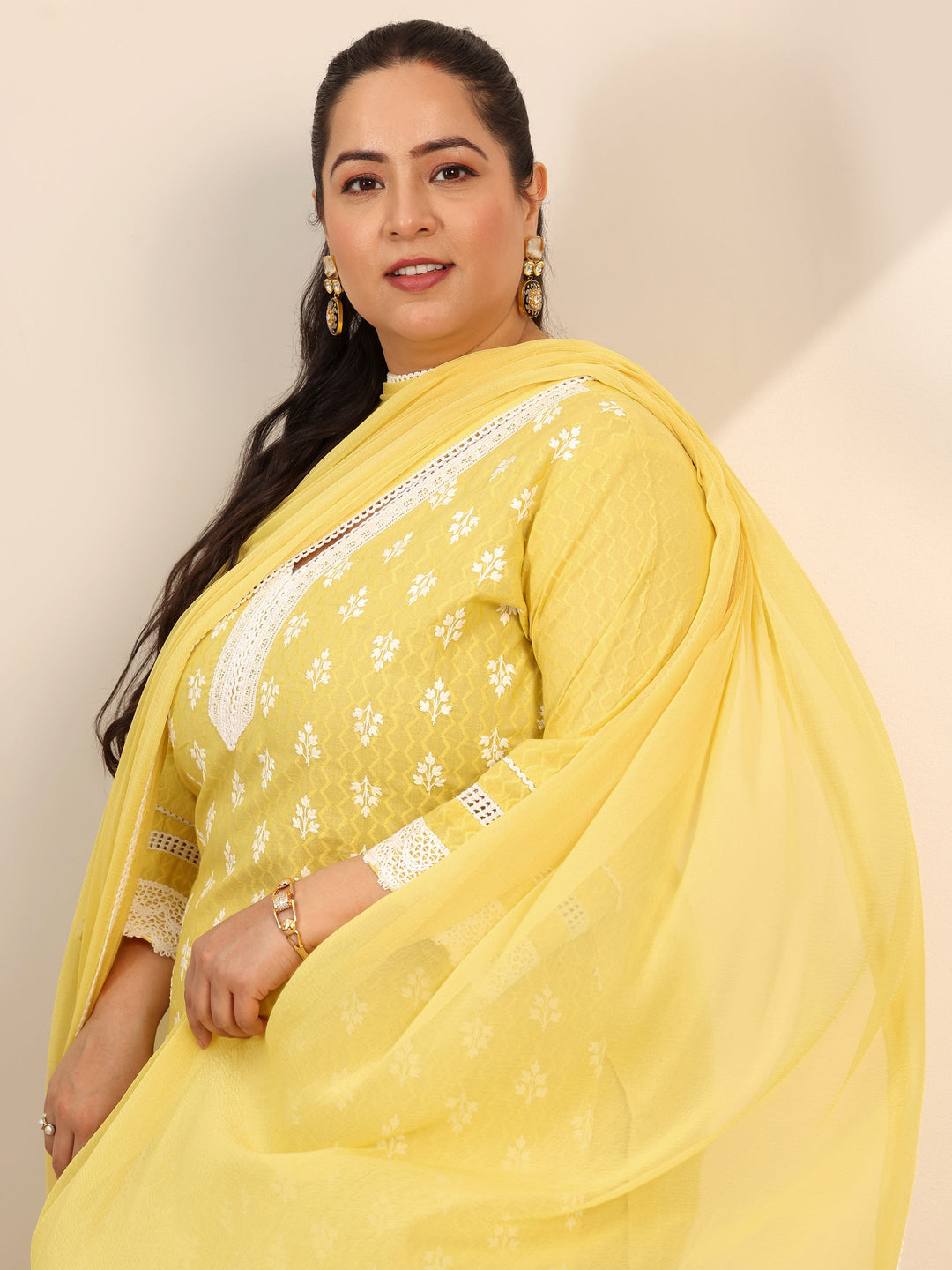 Plus Size Yellow Embroidered Cotton Straight Suit Set With Dupatta