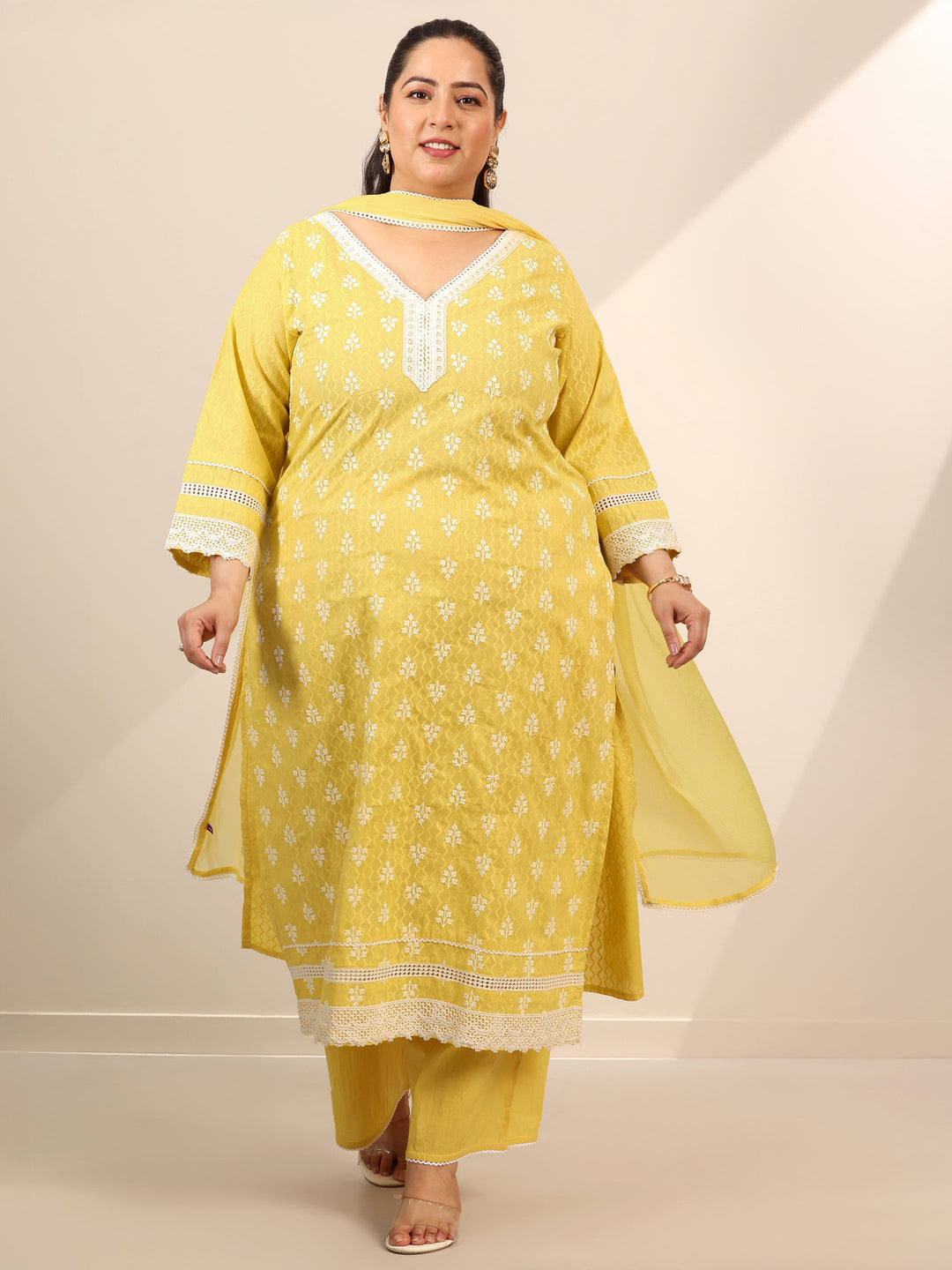Plus Size Yellow Embroidered Cotton Straight Suit Set With Dupatta