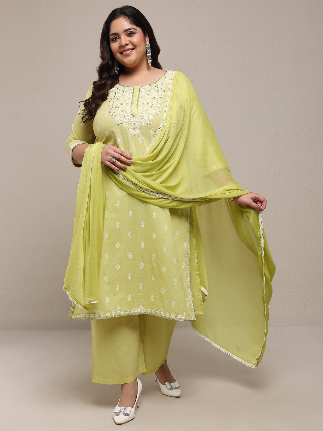 Plus Size Lime Green Embroidered Cotton Blend Straight Suit Set With Dupatta