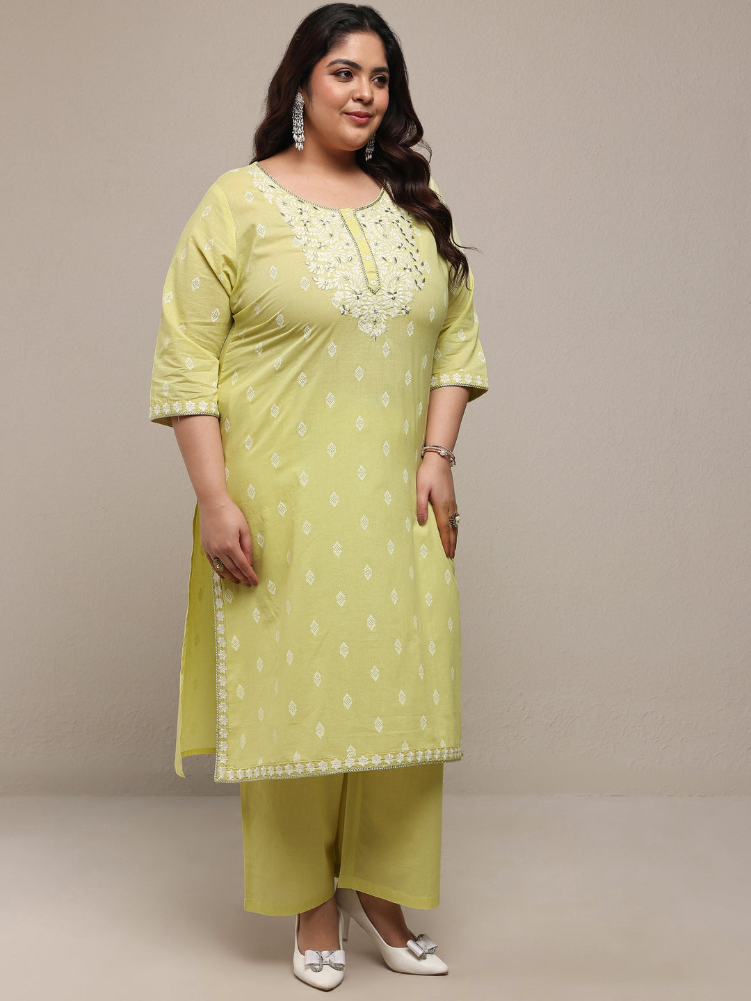 Plus Size Lime Green Embroidered Cotton Blend Straight Suit Set With Dupatta