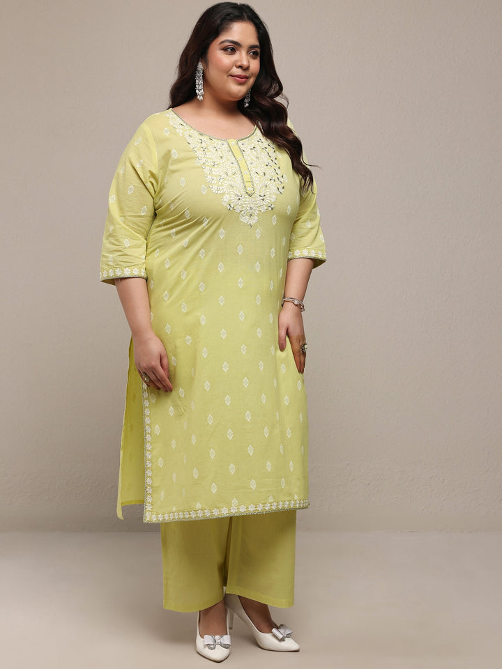 Plus Size Lime Green Embroidered Cotton Blend Straight Suit Set With Dupatta