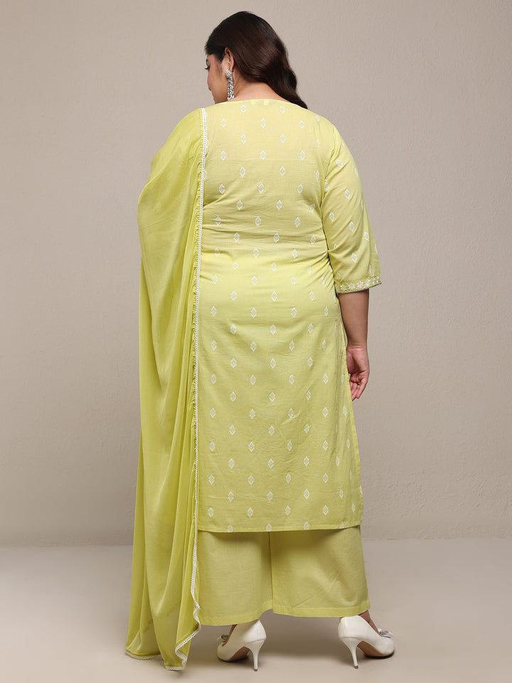 Plus Size Lime Green Embroidered Cotton Blend Straight Suit Set With Dupatta