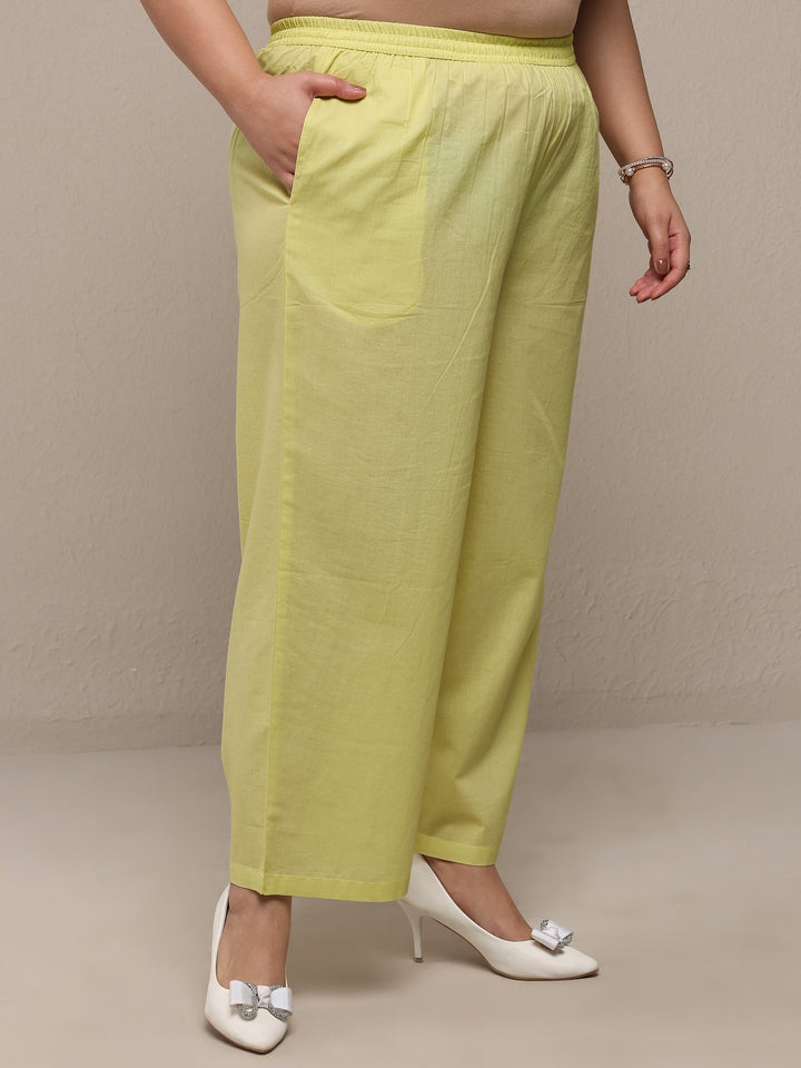 Plus Size Lime Green Embroidered Cotton Blend Straight Suit Set With Dupatta