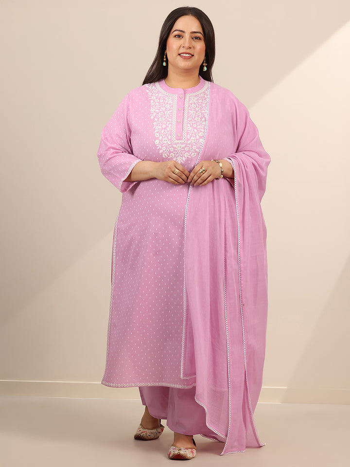 Plus Size Pink Woven Design Cotton Straight Suit Set With Dupatta