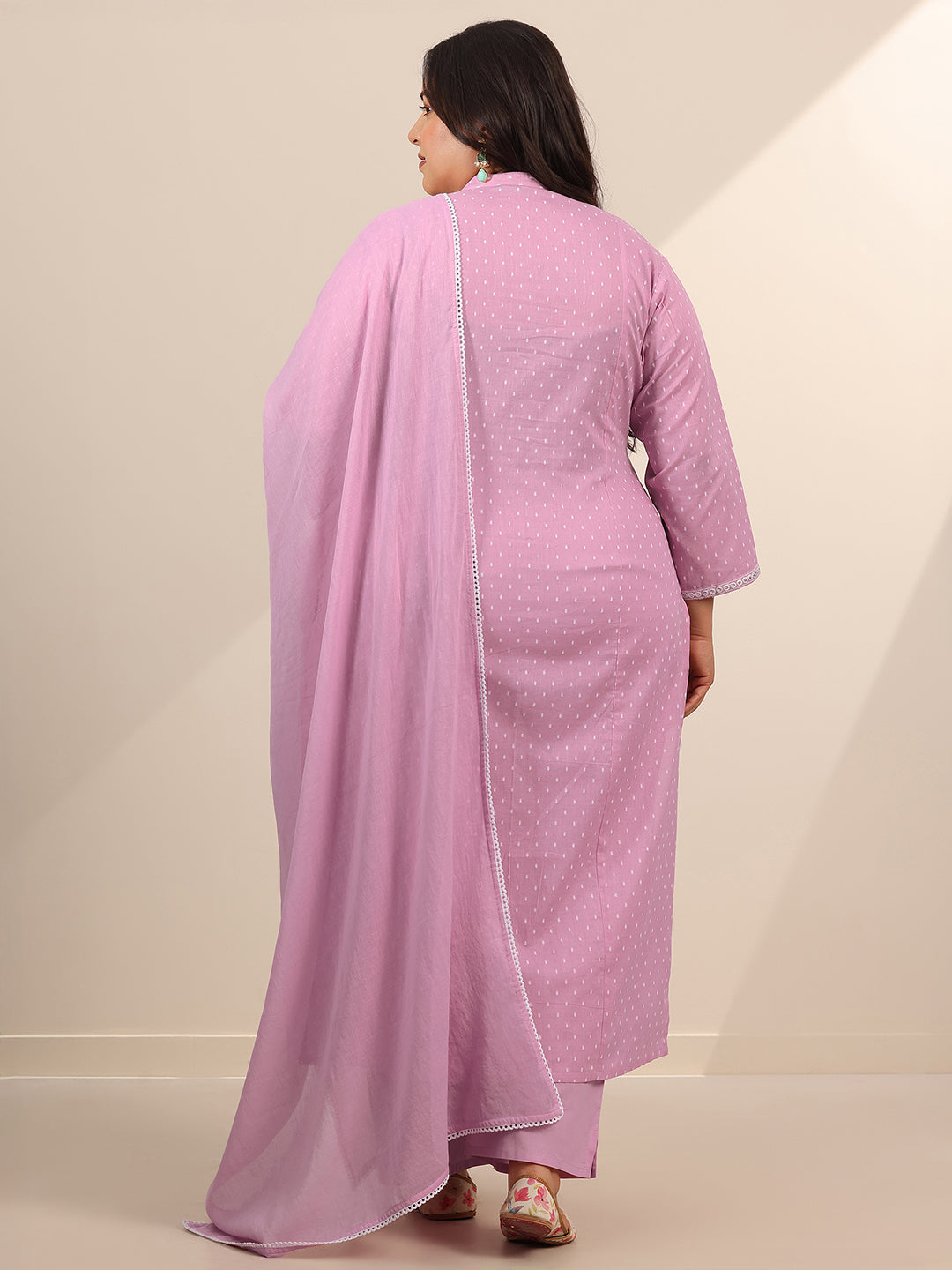 Plus Size Pink Woven Design Cotton Straight Suit Set With Dupatta