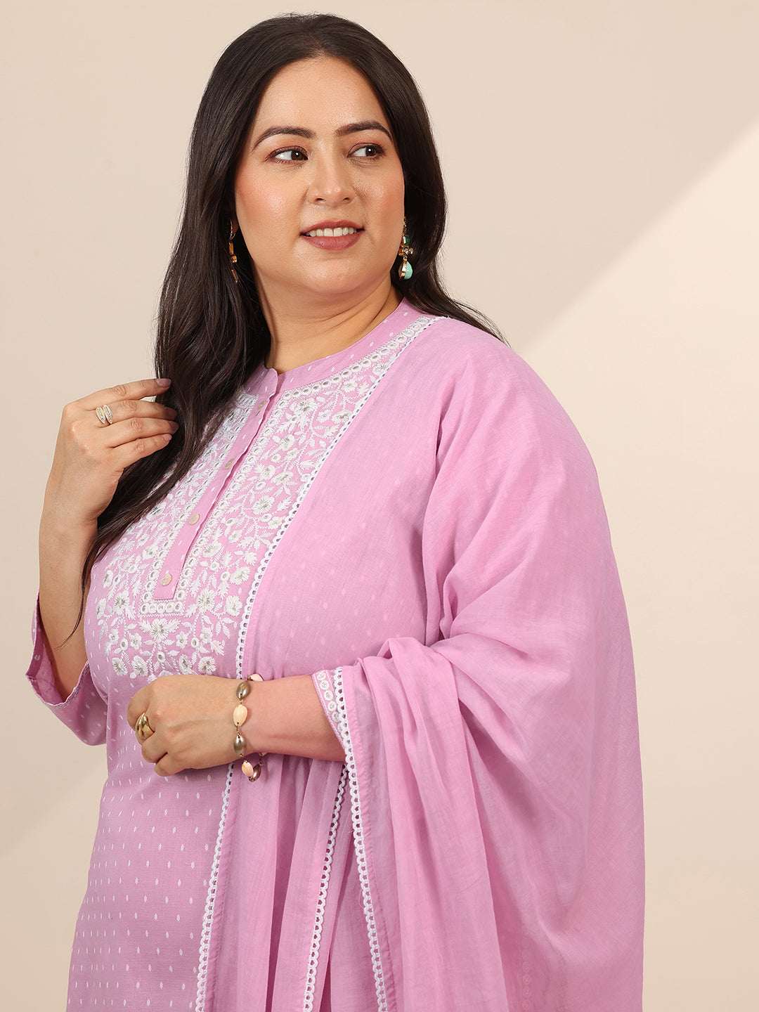 Plus Size Pink Woven Design Cotton Straight Suit Set With Dupatta
