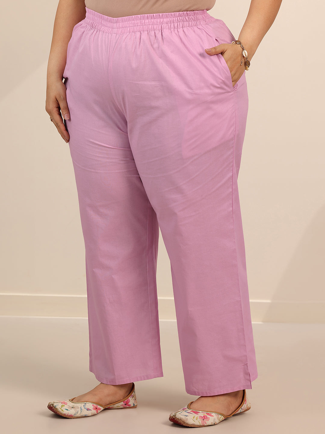 Plus Size Pink Woven Design Cotton Straight Suit Set With Dupatta