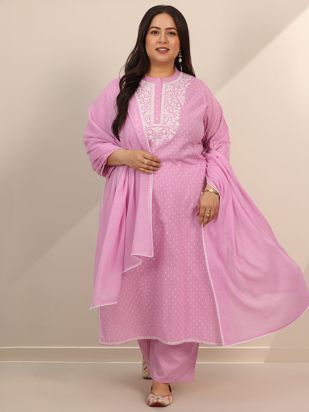Plus Size Pink Woven Design Cotton Straight Suit Set With Dupatta