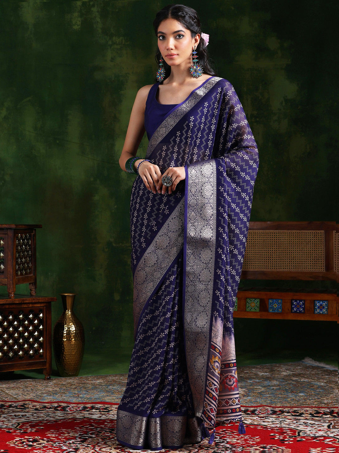 Purple Printed Silk Blend Saree With Unstitched Blouse Piece - Libas