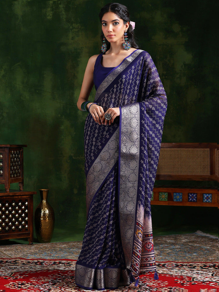 Purple Printed Silk Blend Saree With Unstitched Blouse Piece - Libas