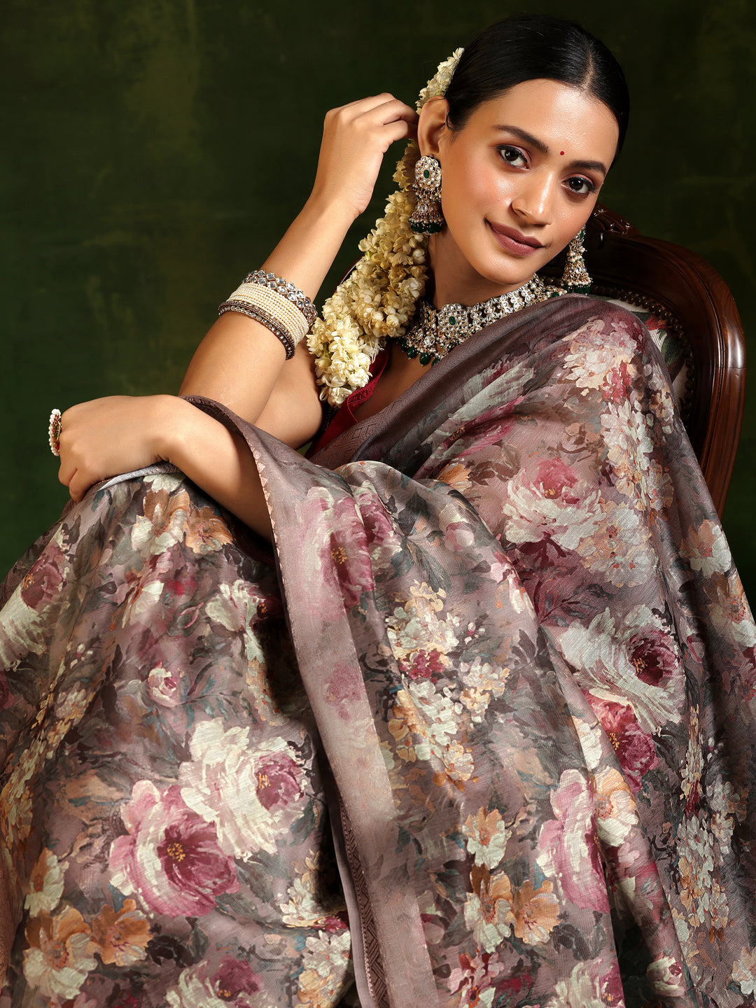 Taupe Printed Silk Blend Saree With Unstitched Blouse Piece
