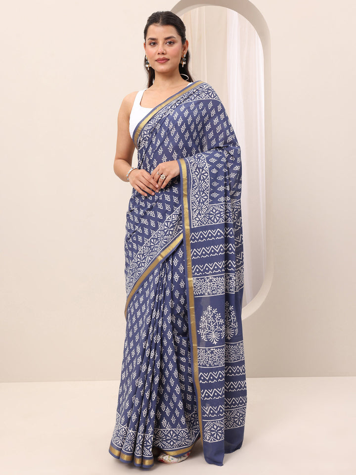 Blue Printed Cotton Saree With Unstitched Blouse