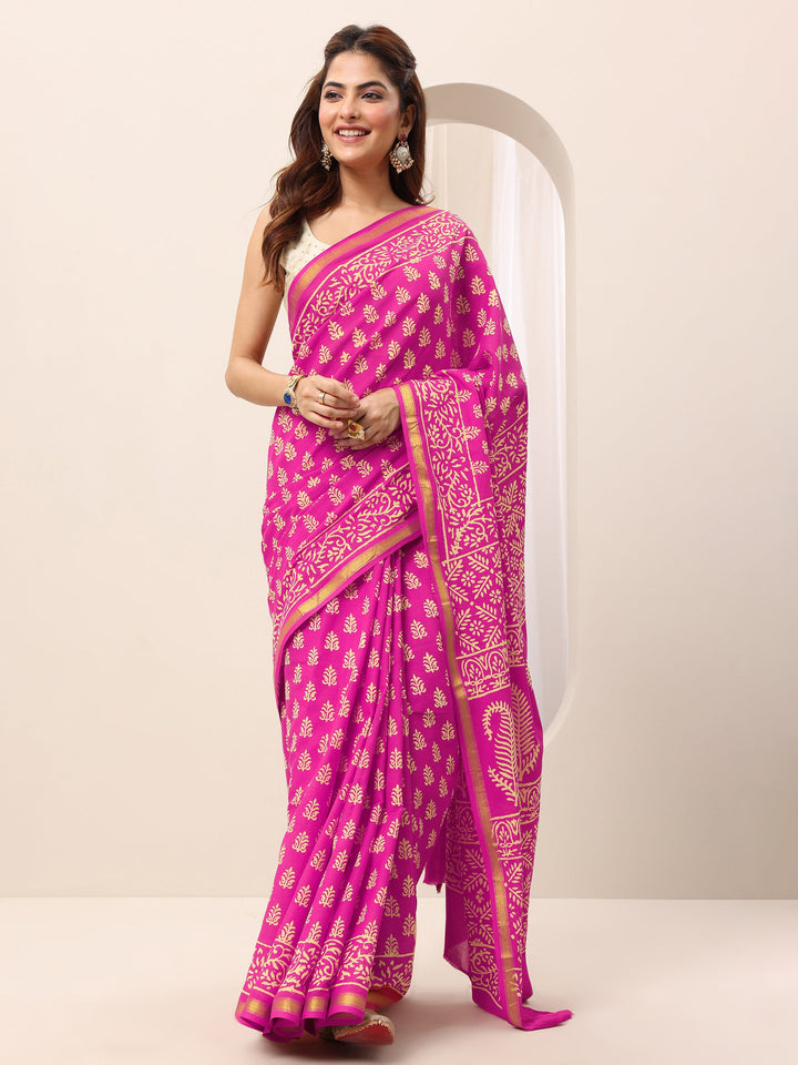 Pink Printed Cotton Saree With Unstitched Blouse