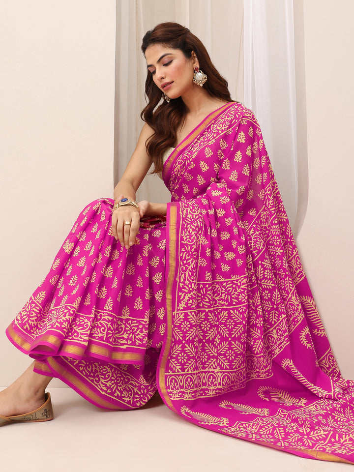 Pink Printed Cotton Saree With Unstitched Blouse