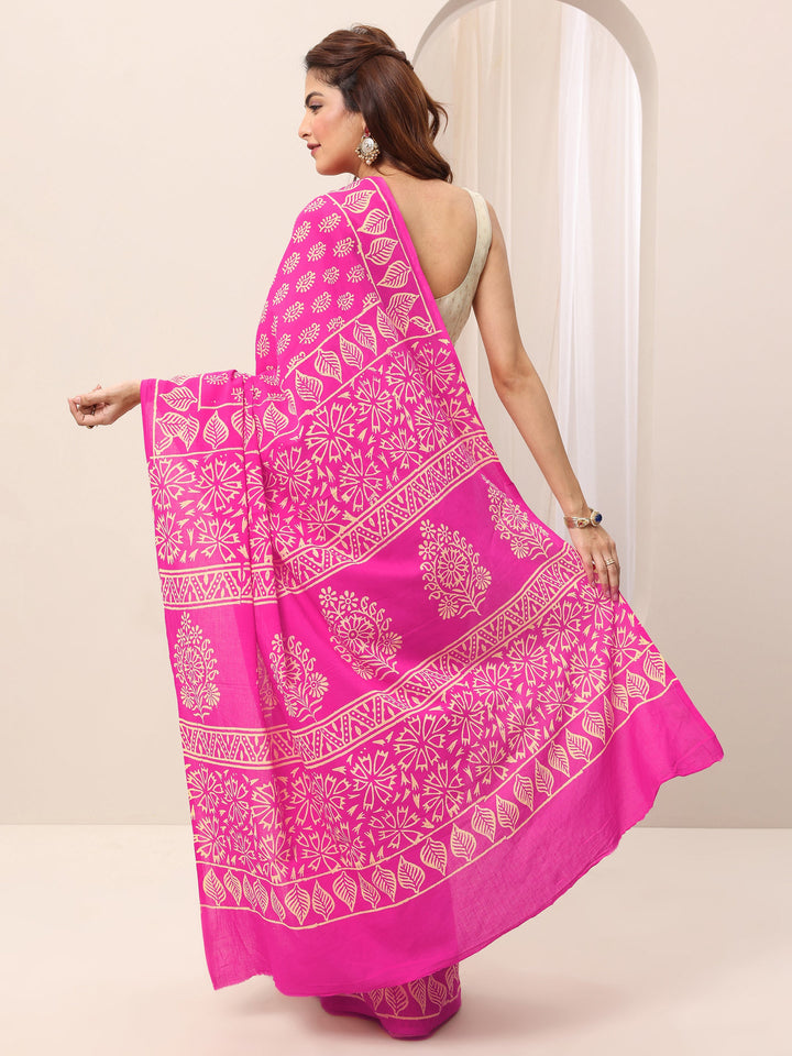 Pink Printed Cotton Saree With Unstitched Blouse